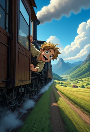 A young boy's face radiates joy as he leans against the open doorway of a chugging steam locomotive, the wind whipping his clothes and hair into a frenzy. The train's steel frame and wooden slats blur together as it whisks him away from the rustic landscape: rolling mountains, dense forest, and lush meadow fields stretching out behind him. close up view, dynamic pose, Anime Ghibli Style