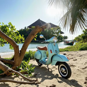 In a breathtakingly detailed image, a rusty and broken light blue Vespa sits majestically on the sandy beach beside a traditional South East Asian wooden house. The camera frames the composition with the curved lines of the vespa contrasting the angular silhouette of the house. A park boat drifts serenely in the distance, while coconut trees sway above, their leaves rustling gently in the breeze. A tall Rhû tree stands proud, its branches tangled in a net. As the sun shines brightly from a clear blue sky, casting a warm glow, the camera captures both an ultra-detailed close-up shot of the vespa and a wide-angle view of the peaceful fishing village scene, with hyper-realistic textures and subtle color nuances that seem almost palpable.