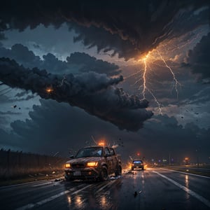 action scene, car chased by hurricane tornado, flying debris, flying small piece of wood scattered around, broken house, car on road, highway, hurricane, heavy rain, strong wind, masterpiece, realistic, highres, dark atmosphere, dark sky,
