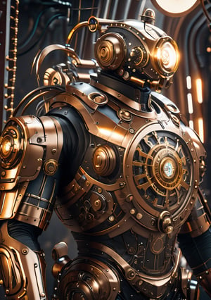 masterpiece, best quality, a Hi-Tech steampunk style, Hi-Tech steampunk suit, Custom Hi-Tech steampunk suit design, shining body, glowing bronze, full body look, full shining Hi-Tech steampunk suit body, hues, steampunk style, perfect custom Hi-Tech steampunk suit, Movie Still, steampunk, intricate mech details, ground level shot, 8K resolution, Cinema 4D, Behance HD, polished metal, shiny, Unreal Engine 5, rendered in Blender, sci-fi, futuristic, trending on Artstation, epic, cinematic background, dramatic, atmospheric, action_pose, cinematic scene,cyborg style