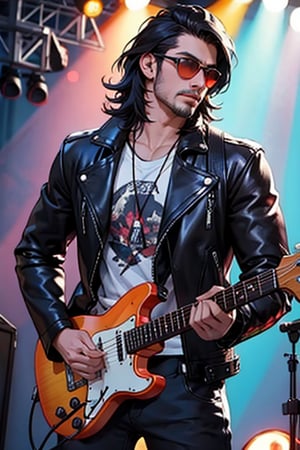 hansome 👨🎸, metal rockers, leather pants, leather jacket, sunglasses, black-hair, stage background, realistic