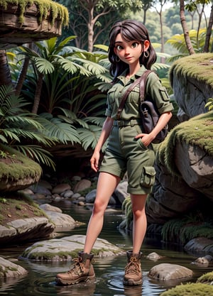 adult women, 1girl, jungle tracking, bag, mossy jungle, jungle tracking clothing, river with rock, 3DMM, high_resolution, perfectface,