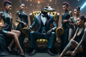 wide shot. dynamic pose, hyper detailed, hyper Realistic, cyborg black nile crocodile, futuristic tuxedo suit, sitting on trone and surrounded by a group of tattooed girls wearing casual dress, detailmaster2,cyborg style