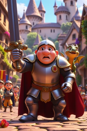 Create a 3D cartoon art style illustration of a clumsy knight wearing oversized armor, struggling to hold up a massive sword. The knight should have a goofy expression of confusion, with the armor pieces exaggerated and disproportionate. A mischievous little dragon is playfully tugging on the knight’s cape from behind, making the knight wobble. The background is a whimsical medieval village with crooked houses, colorful banners, and villagers giggling at the scene. The art style should emphasize humor, with rounded features and bright colors, yet retain an epic atmosphere with intricate armor and village details.