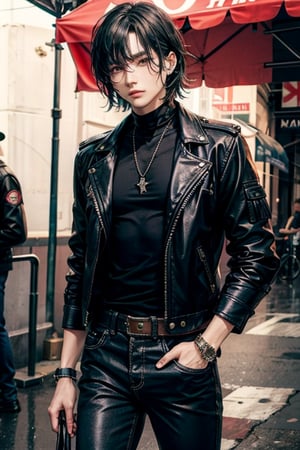 hansome 👨🎸, metal rockers, leather pants, leather jacket, black-hair,