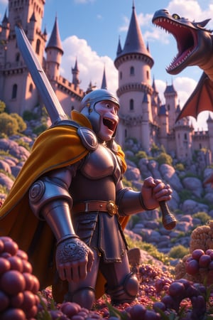 Design a clumsy knight in shiny armor trying to wield a huge sword that’s clearly too big for them. They’ve just tripped over their own feet, and the sword is about to hit the ground. The epic fantasy background features a towering castle and a dragon in the distance, laughing at the knight’s misfortune.