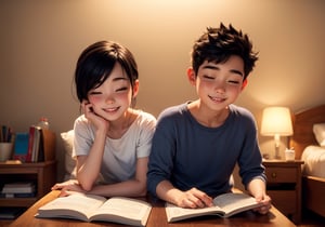 a girl and a boy reading a book on table before sleep, bright smile, room background, 3d cartoon render, perfect hands, no hands