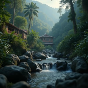 hyper-realistic and hyper-detailed photography extreme close up low-angle shot of a traditional Malay indigenous village, nestled within a lush green rainforest. The low-angle shot showcases the village's captivating cinematic portrait, with towering hills and tall trees surrounding it, creating a serene and secluded atmosphere. A crystal-clear stream winds through the scene, culminating in a mesmerizing waterfall cascading over large and small black rocks. The overall ambiance is peaceful and harmonious, with a cinematic quality that transports the viewer into the heart of this enchanting community. The photograph showcases the perfect blend of nature, culture, and a sense of tranquility. FluxBoost,Imp'roveBG