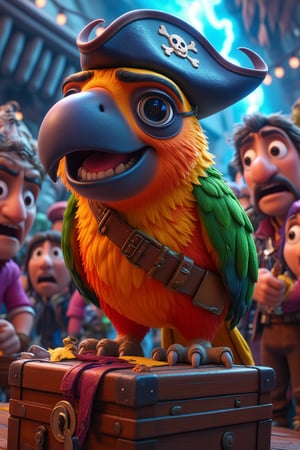 Create a funny 3D illustration of a parrot dressed as a pirate captain, complete with a tiny hat, eye patch, and hook for a hand. The parrot is standing on a treasure chest, giving orders to a confused crew of human pirates. The scene is epic, with stormy seas in the background and lightning in the sky, but the focus is on the hilarious parrot trying to be serious.