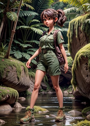 adult women, 1girl, jungle tracking, bag, mossy jungle, jungle tracking clothing, river with rock, 3DMM, high_resolution, perfectface,