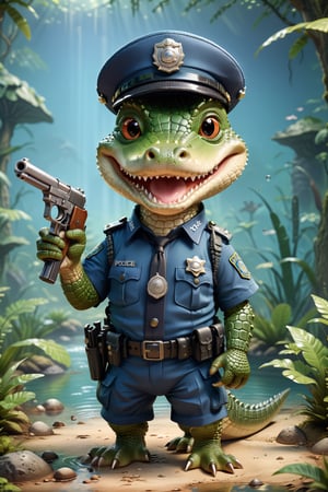 Visualize an endearing 3D scene featuring a cute crocodile dressed in a police uniform, donning a police hat and holding a tiny gun. Craft a perfect background that complements the whimsical nature of this police crocodile, capturing a moment where it playfully points the gun at the viewer. Create a delightful and detailed illustration that combines cuteness with a touch of law enforcement charm