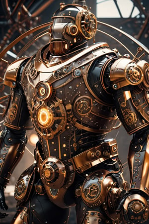 masterpiece, best quality, a Hi-Tech steampunk style, Hi-Tech steampunk suit, Custom Hi-Tech steampunk suit design, shining body, glowing bronze, full body look, full shining Hi-Tech steampunk suit body, hues, steampunk style, perfect custom Hi-Tech steampunk suit, Movie Still, steampunk, intricate mech details, ground level shot, 8K resolution, Cinema 4D, Behance HD, polished metal, shiny, Unreal Engine 5, rendered in Blender, sci-fi, futuristic, trending on Artstation, epic, cinematic background, dramatic, atmospheric, action_pose, cinematic scene