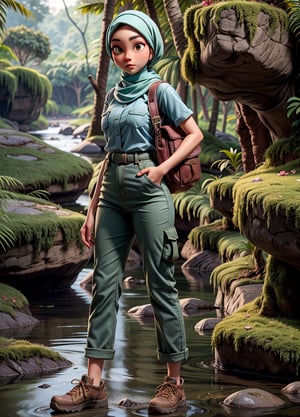adult women, 1girl, jungle tracking, bag, mossy jungle, jungle tracking clothing, long pant, tuck in shirt, hijab, river with rock, 3DMM, high_resolution, perfectface,