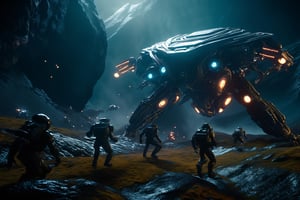 masterpiece, hyper realistic, cinematic scene, race against a band of evil mercenaries, to reach a legendary lost freighter called the Deepstar, Along their trek through the universe, they encounter (monsters), (aliens), (robots) and something even worse., action_pose, movie still, detailed_background, intricate, ground level shot, 8K resolution, Cinema 4D, Behance HD, Unreal Engine 5, rendered in Blender, sci-fi, futuristic, trending on Artstation, epic, cinematic background, dramatic, atmospheric, movie still, action_pose,