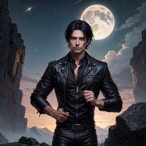 (masterpiece, best quality: 1.4), guy with black hair, 40 years old, Tousled Wolf-Cut hair style, muscle man, bow down face standing on top of mountain, looking far away, unforgiven face, fantasy art, black leather jacket, black shirt, leather pant, male metal rocker picture, eren yeager, detailed anime character art, dark, night_sky, midnight, unforgiven vibe,