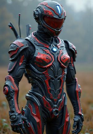 1man, a matte black carbon fibre and metallic red with white accents and blue neon light, futuristic symmetrical form cyberpunk techwear high tech genesis cybernatic armour suit, Sci Fi cyberpunk high tech techware cybernatic helmet inspired from genji overwatch, high tech short ear antenna, standing on grass field at background. rule of third, GVA Armour Suit,cyberpunk style,More Reasonable Details.,F-GVA Armour Suit,Angelic Knight,FluxBoost