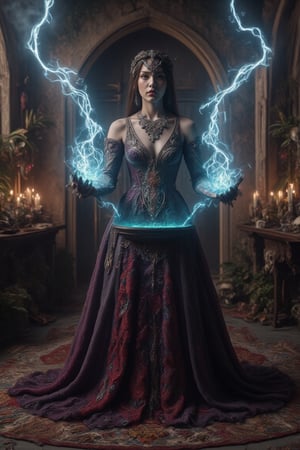 A mystical sorceress, clad in a stunning long dark purple dress adorned with a bold red pattern, stands majestically in front of a colossal round black cauldron emitting an aura of enchantment. The sparkling green potion within seems to radiate an otherworldly energy as she unleashes a mesmerizing cascade of bright blue lightning from both hands. Set against the eerie backdrop of a cave illuminated by candles and adorned with mystical tools, ancient skulls, and mysterious relics, this sorceress's dynamic pose exudes confidence and magical prowess.Enhanced all,Cyborg NH,FluxBoost