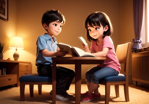 a girl and boy reading a book on table before sleep, bright smile, room background, at night, 3d cartoon render,3DMM,
