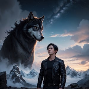 (masterpiece, best quality: 1.4), guy with black hair, 40 years old, Tousled Wolf-Cut hair style, muscle man, bow down face standing on top of mountain, looking far away, unforgiven face, fantasy art, black leather jacket, black shirt, leather pant, male metal rocker picture, eren yeager, detailed anime character art, dark, night_sky, midnight, unforgiven vibe,