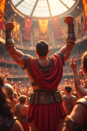 A victorious gladiator stands triumphant in a sun-drenched Roman arena, arms raised in triumph as the frenzied crowd erupts into cheers and applause. Vibrant banners fluttering above, bearing emblems of ancient gods and heroes. The gladiator's muscles ripple beneath his weathered armor, illuminated by warm light filtering through the arena's retractable roof, casting a heroic glow.