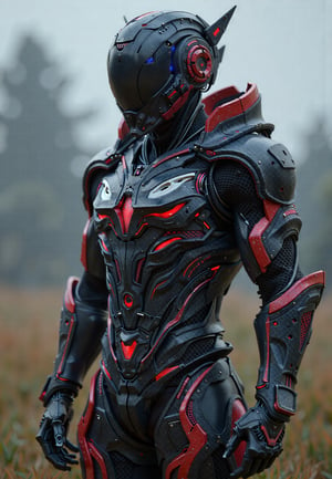 1man, a matte black carbon fibre and metallic red with white accents and blue neon light, futuristic symmetrical form cyberpunk techwear high tech genesis cybernatic armour suit, Sci Fi cyberpunk high tech techware cybernatic helmet inspired from genji overwatch, high tech short ear antenna, standing on grass field at background. rule of third, GVA Armour Suit,cyberpunk style,More Reasonable Details.,F-GVA Armour Suit,Angelic Knight,FluxBoost