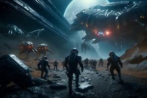 masterpiece, hyper realistic, cinematic scene, race against a band of evil mercenaries, to reach a legendary lost freighter called the Deepstar, Along their trek through the universe, they encounter (monsters), (aliens), (robots) and something even worse., action_pose, movie still, detailed_background, intricate, ground level shot, 8K resolution, Cinema 4D, Behance HD, Unreal Engine 5, rendered in Blender, sci-fi, futuristic, trending on Artstation, epic, cinematic background, dramatic, atmospheric, movie still, action_pose,