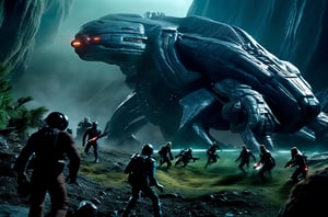 masterpiece, hyper realistic, cinematic scene, race against a band of evil mercenaries, to reach a legendary lost freighter called the Deepstar, Along their trek through the universe, they encounter (monsters), (aliens), (robots) and something even worse., action_pose, movie still, detailed_background,