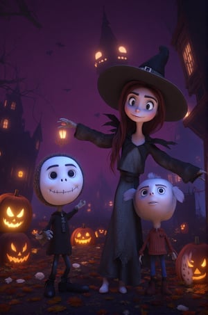 Chibi Halloween characters like tiny witches, smiling skeletons, and friendly ghosts.,disney style,DarkHalloween,ABMhauntedVibe