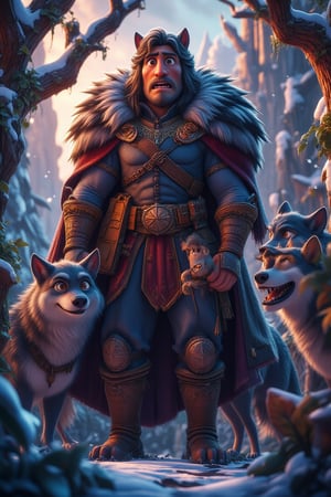 A majestic beast master stands tall, his pack of fierce dire wolves gathered closely around him in a snowy forest's twilight hush. The fading light casts long shadows across the snow-dusted trees as the wolves' eyes gleam like embers. The master's fur-lined cloak billows behind him, while his worn leather gloves and weathered face attest to countless battles fought alongside his loyal companions.