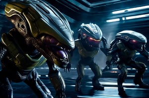masterpiece, hyper realistic, cinematic scene, team of space scavengers, race against a band of evil mercenaries, to reach a legendary lost freighter called the Deepstar, Along their trek through the universe, they encounter (monsters), (aliens), (robots) and something even worse., action_pose, movie still, detailed_background,hackedtech
