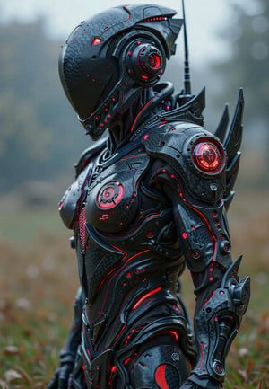 1man, a matte black carbon fibre and metallic red with white accents and blue neon light, futuristic symmetrical form cyberpunk techwear high tech genesis cybernatic armour suit, Sci Fi cyberpunk high tech techware cybernatic helmet inspired from genji overwatch, high tech short ear antenna, standing on grass field at background. rule of third, GVA Armour Suit,cyberpunk style,More Reasonable Details.,F-GVA Armour Suit,Angelic Knight,FluxBoost