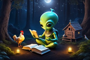 cute alien is meditating in the forest while reading a spiritual book. he is wearing a headband. there are mystical books near the alien and behind there is a chicken coop. in artistic style, night background, masterpiece, realistic, highly detailed, movie still,