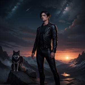 (masterpiece, best quality: 1.4), guy with black hair, 40 years old, Tousled Wolf-Cut hair style, muscle man, bow down face standing on top of mountain, looking far away, unforgiven face, fantasy art, black leather jacket, black shirt, leather pant, male metal rocker picture, eren yeager, detailed anime character art, dark, night_sky, midnight, unforgiven vibe,