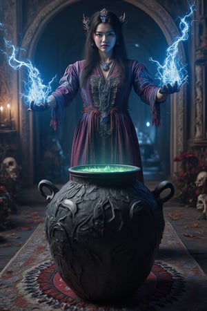 Score_9, score_8_up, score_7_up, a beautiful sorceress stood in front of a large round black pot containing a sparkling green liquid potion. the sorcerer was wearing a polite long dark purple dress with a red pattern. the sorcerer smiled as both his hands released a mesmerizing stream of bright blue lightning. against the backdrop of a cave decorated with magic tools and some skulls and lit by candles.ground angle shot, dynamic_pose,Enhanced all,Cyborg NH,FluxBoost