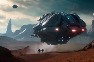 masterpiece, hyper realistic, cinematic scene, race against a band of evil mercenaries, to reach a legendary lost freighter called the Deepstar, Along their trek through the universe, they encounter (monsters), (aliens), (robots) and something even worse., action_pose, movie still, detailed_background,hackedtech