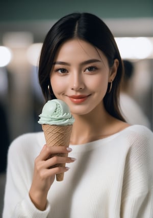 advertisement photo, a woman with short hair and ((a white sweater)), white sweater:1.3,
BREAK
, holding a (mint ice cream) in her hand and looking at the camera, a big smile, it is fucking delicious