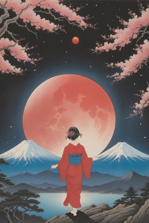 detailed, ((Ohara Koson style, traditional Japanese painting, washed and old painting)), end of whole universe, Mount Fuji, clear sky, (red moon), (1girl, correct kimono), night, black background, cherry blossom, (perfect composition, perfect hand)