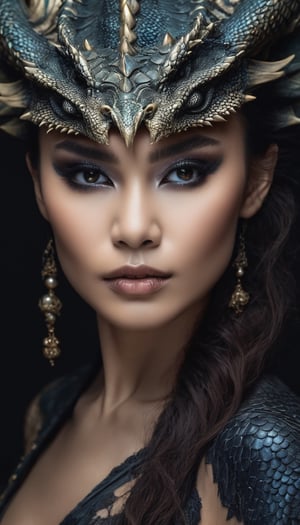 beautiful dragon, dark makeup, hyperdetailed photography, soft light, head and shoulders portrait, cover, real skin