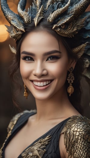 beautiful dragon, big smile, dark makeup, hyperdetailed photography, soft light, head and shoulders portrait, cover