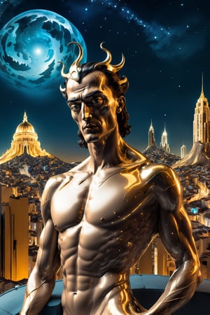 Create an image of a god of sex exploring a futuristic cityscape. The background should be a starry night sky. The image should have transparent and reflective surfaces, with a surreal style inspired by Salvador Dali. The image should be in a portrait (3:4) aspect ratio and have a UHD resolution. The lighting should be dramatic, and the perspective should be a street view.