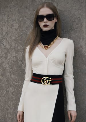 female vampire fasion model that tries to be a part of society. Gucci style:1:3, full body, zoom out, runway:1.3