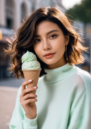 advertisement photo, a woman with short hair and ((a white sweater)), white sweater:1.3,
BREAK
, holding a (mint ice cream) in her hand and looking at the camera, a big smile, it is fucking delicious