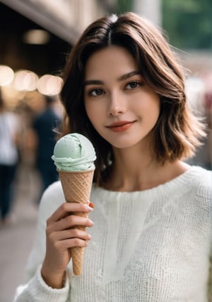 advertisement photo, a woman with short hair and ((a white sweater)), white sweater:1.3,
BREAK
, holding a (mint ice cream) in her hand and looking at the camera, a big smile, it is fucking delicious