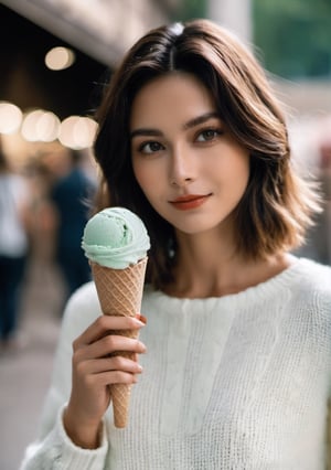 advertisement photo, a woman with short hair and ((a white sweater)), white sweater:1.3,
BREAK
, holding a (mint ice cream) in her hand and looking at the camera, a big smile, it is fucking delicious