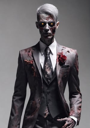 Zombie:1.4, male zombie fasion model that tries to be a part of society, business suit, classy