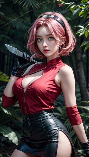 {{{masterpiece}}}, {{{best quality}}}, {{{ultra-detailed}}}, {cinematic lighting}, {illustration}, 1girl, sakura haruno, (green eyes:1.5), hairban, short hair, pink hair, bare shoulders, black skirt, black gloves, forehead, gloves, gloves, konohagakure symbol, ninja, (red shirt:1.5), shirt, sleeveless, sleeveless shirt, sexy ass, sexy breasts, cleavage, holding kunai, pretty face, pretty eyes, nice hands,  perfect body, big tits, big butt, bare ass, no skirt or panties, sexy, nsfw, bare shoulders, bare back, sexy back, scene in forest, naked, open legs, showing his genitals, legs forming a sixty degree angle