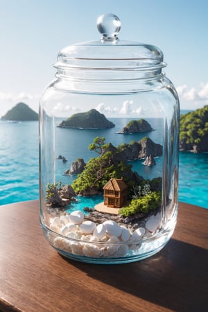 masterpiece, best quality, ultra detailed, hyperresolution, ultra-resolution
Island inside glass jar, glass jar, island middle of ocean, miniature island, mini island, ocean inside jar, ocean, cinematic, jar on table, brown table, bokeh, background blur