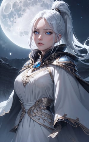 masterpiece, (best quality:1.2), (ultra-detailed:1.2), illustration, (an extremely delicate and beautiful:1.2),cinematic angle,floating, (beautiful detailed eyes:1.1), (detailed light:1.1),cinematic lighting, beautifully detailed sky, women, white hair, blue eyes, (high ponytail:1.1), cloak, glowing eyes, (moon:1.2), (moonlight:1.1), starry sky, (lighting particle:1.1), fog, snow painting, sketch, bloom