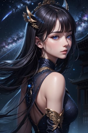 best quality ,masterpiece, illustration, an extremely delicate and beautiful, extremely detailed ,CG ,unity ,8k wallpaper, Amazing, finely detail, masterpiece, best quality, official art, extremely detailed CG unity 8k wallpaper, huge filesize , ultra-detailed, highres, extremely detailed, beautiful detailed girl, extremely detailed eyes and face, beautiful detailed eyes, light on face, 1girl, (18yo:1.2), glaring, serious, from behind, (galaxy:1.2), star \(sky\), (night sky:1.4), outdoors, (upper body:1.2), detailed sky, night, arms at sides, bule eyes, china dress, east asian architecture,  see-through,