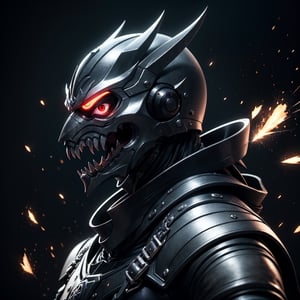 profile, portrait, black armor, neon lights, sparks, villan, angry, glowing eyes, red eyes, assassin face mask, detailed mask, oni mask, particles, dark energy, 
(Masterpiece, highly detailed, extremely detailed, HD)), (extremely detailed CG unity 8k wallpaper, masterpiece, best quality, ultra-detailed, best shadow), (detailed background),Movie